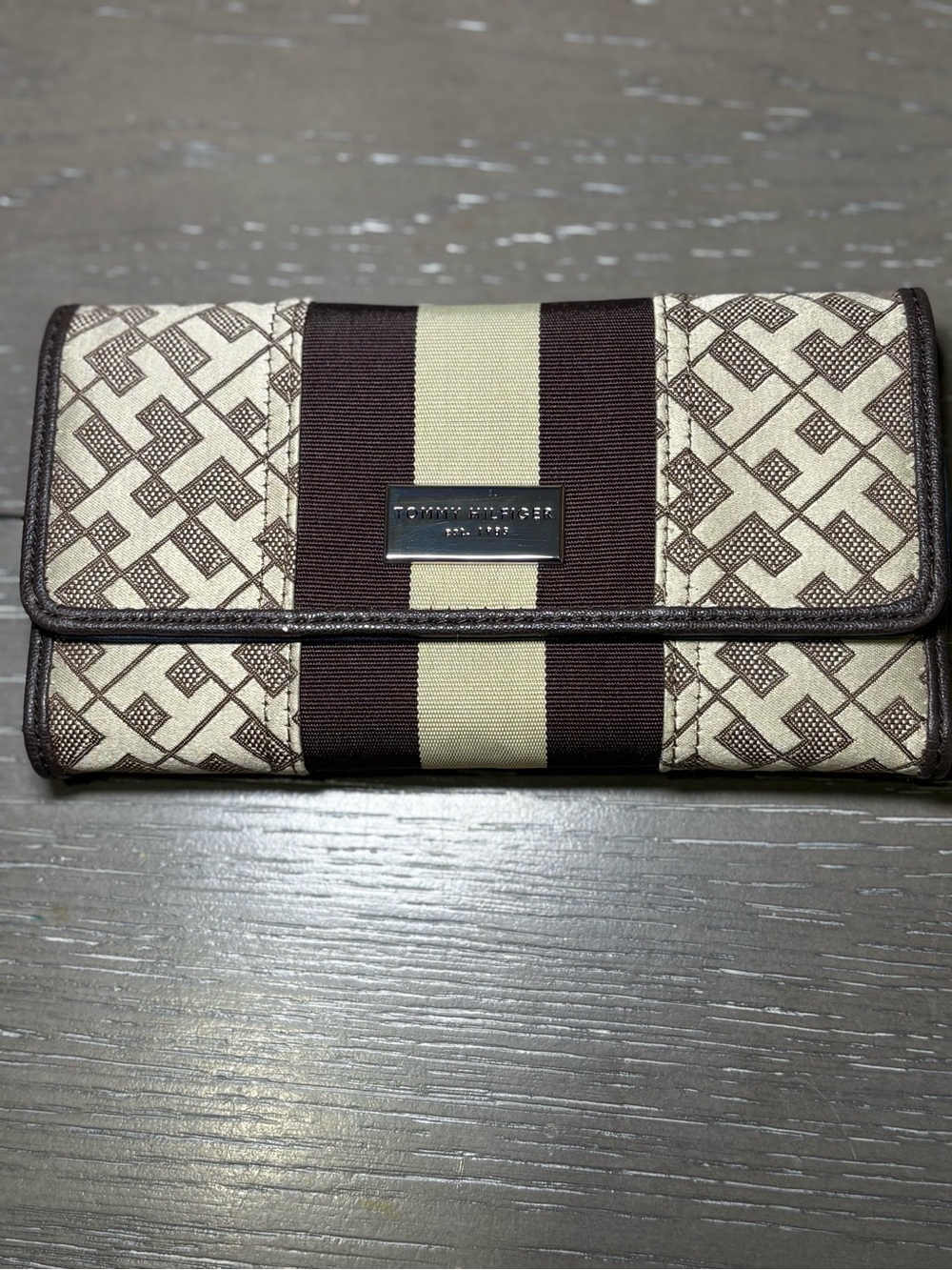 Tommy Hilfiger Brown and Cream Stripe Compact Wallet